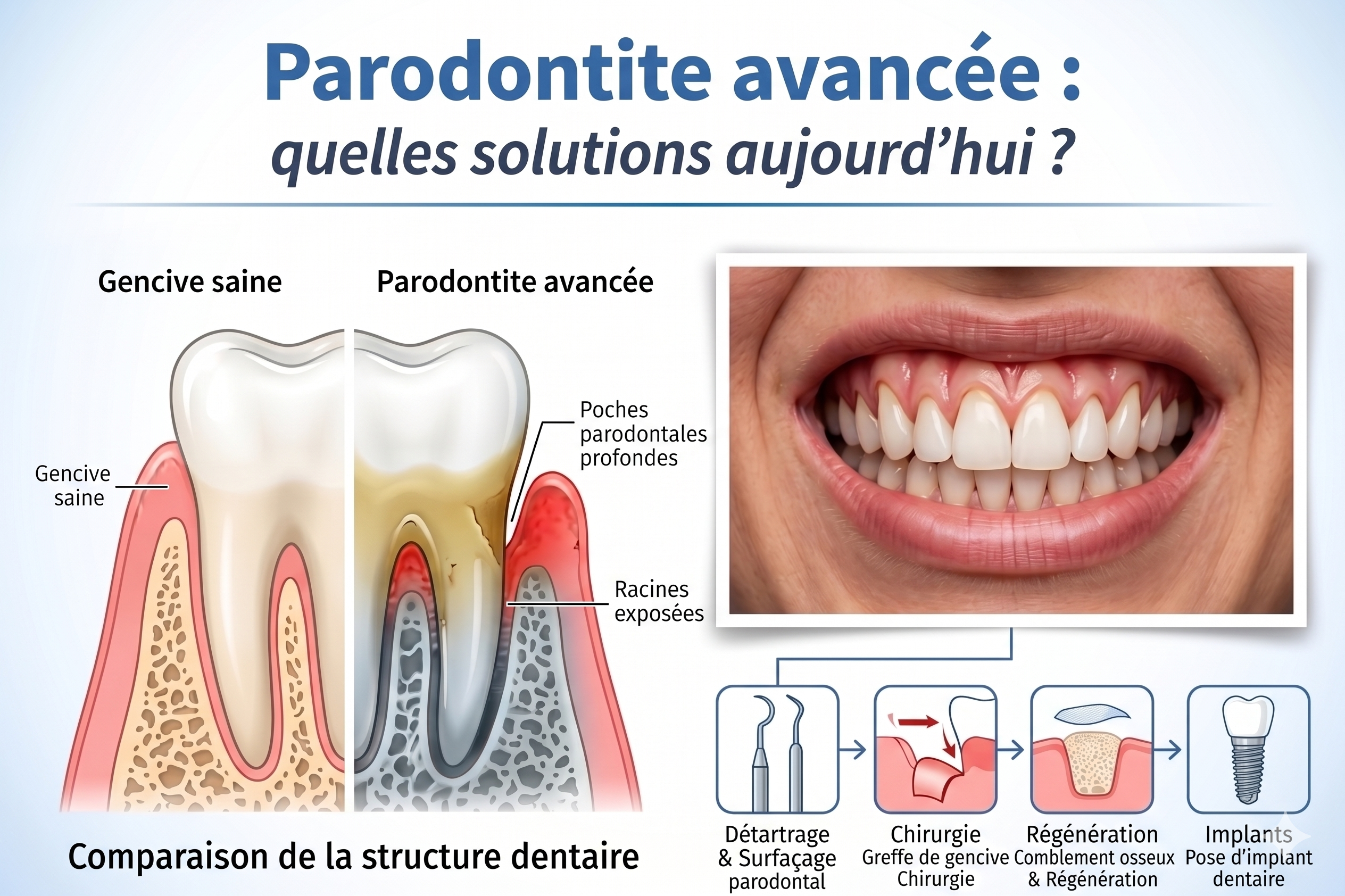 Parodontite avancée : traitements et solutions à Cagnes-sur-Mer Illustration de la parodontite avancée et des traitements dentaires possibles.