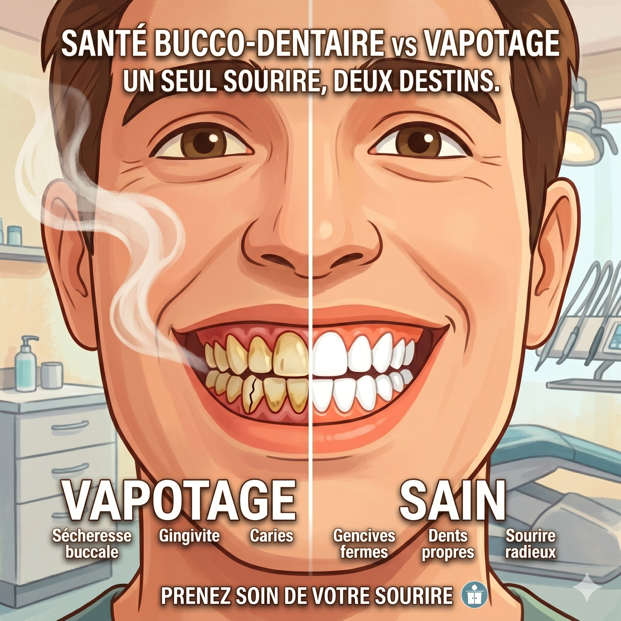 Tabac et vapotage à Cagnes-sur-Mer : quels risques pour vos dents et vos gencives ? Illustration dentaire avec cigarettes et vape