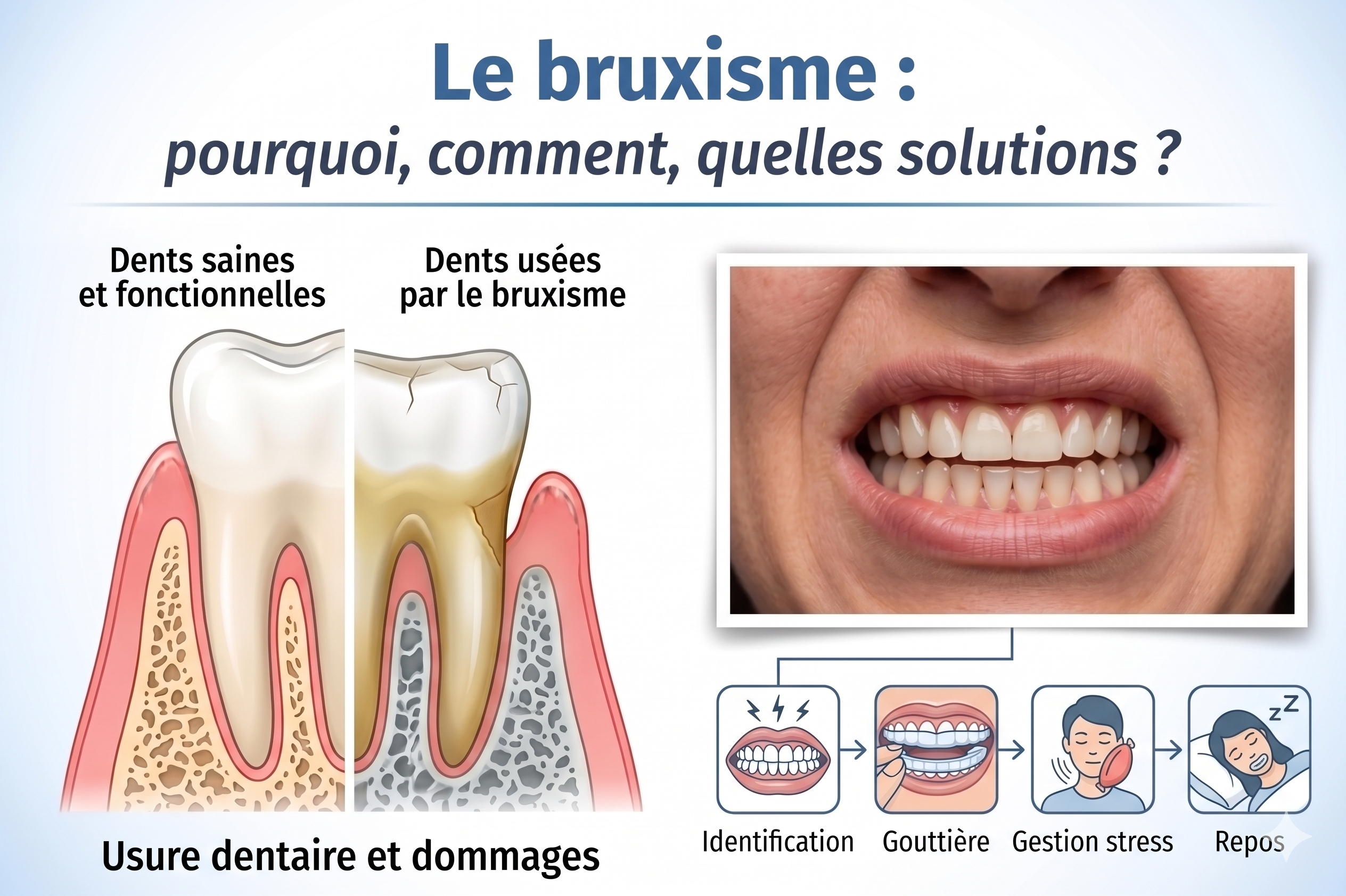 Semaine du Bruxisme : comprendre le grincement des dents à Cagnes-sur-Mer Bannière illustrant la semaine de sensibilisation au bruxisme avec un dessin de dents.