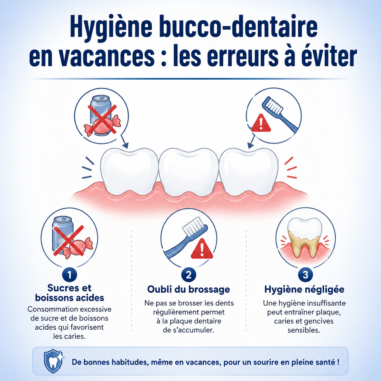 Hygiène bucco-dentaire en vacances : erreurs à éviter | Dr Selam Illustration de l'hygiène bucco-dentaire en vacances